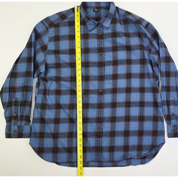 Uniqlo Size XL Womens Blue Brown White Trim Plaid Flannel Long Sleeve Shirt - Picture 8 of 10